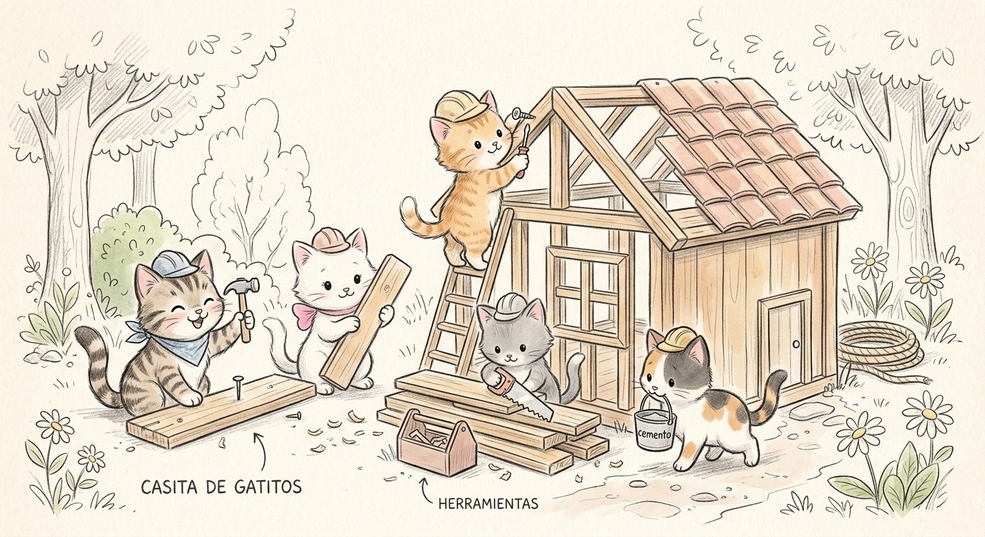 Gatitos construyendo una casita de madera